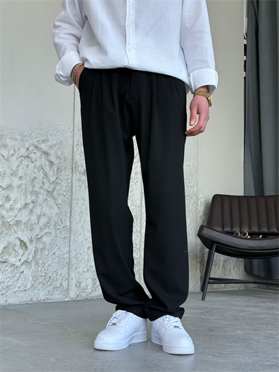 Pileli Baggy Siyah Kumaş Pantolon