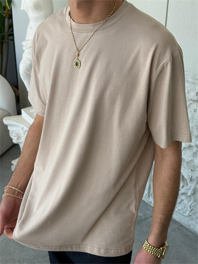 Regular Kalıp Likralı Düz Basıc Krem Tişört