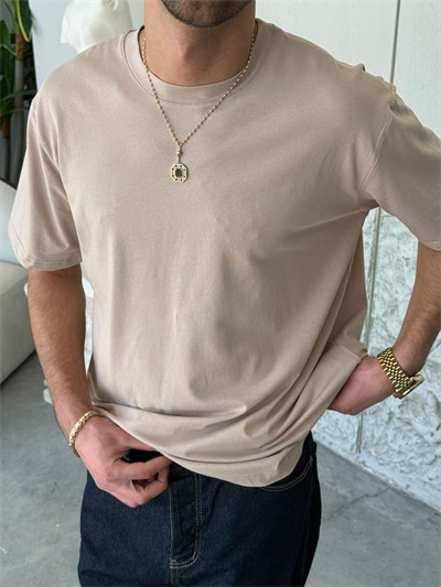 Regular Kalıp Likralı Düz Basıc Krem Tişört