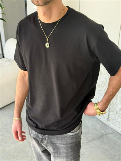 Regular Kalıp Likralı Düz Basıc Siyah Tişört 