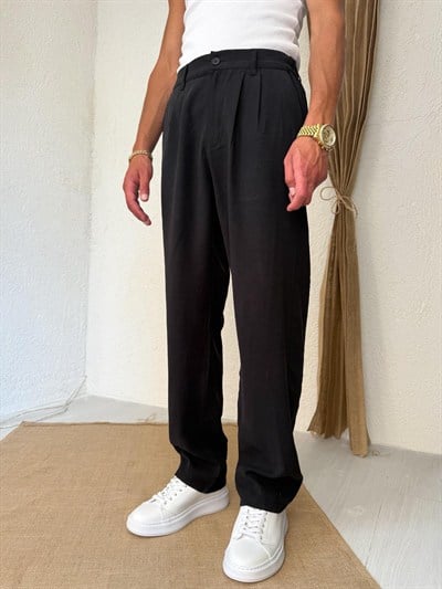 Tensel Kumaş Pileli Siyah  Baggy Pantolon 