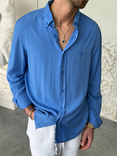 Tensel Kumaş Saks Mavisi Oversıze Gömlek