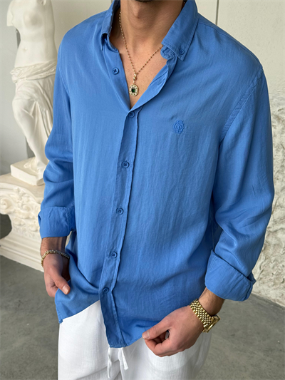 Tensel Kumaş Saks Mavisi Oversıze Gömlek