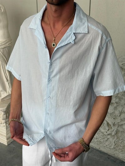 Vual Kumaş Kısa Kollu Bebe Mavi Gömlek