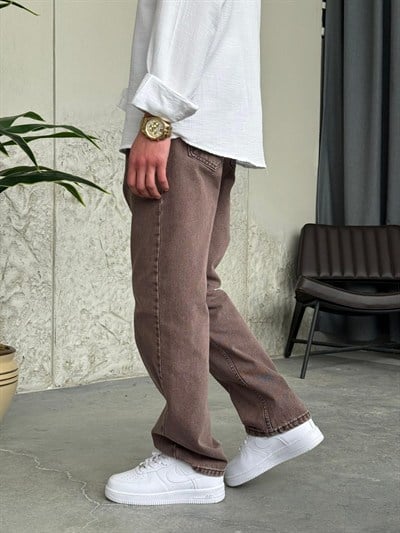 Yıkamalı Kahverengi Baggy Kot Pantolon