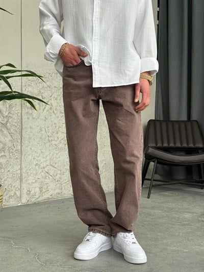 Yıkamalı Kahverengi Baggy Kot Pantolon