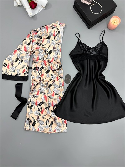 Alya Saten Gecelik Set ( Kemer Dahil )