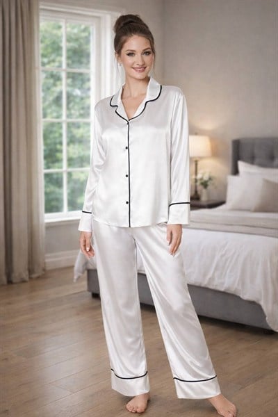 Beyaz İpek Saten Pijama Takımı