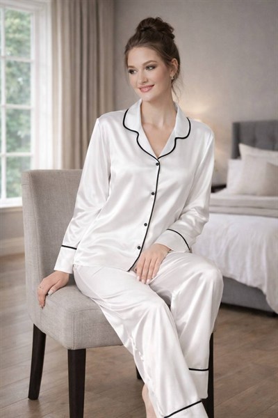 Beyaz İpek Saten Pijama Takımı