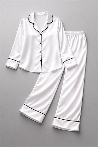 Beyaz İpek Saten Pijama Takımı
