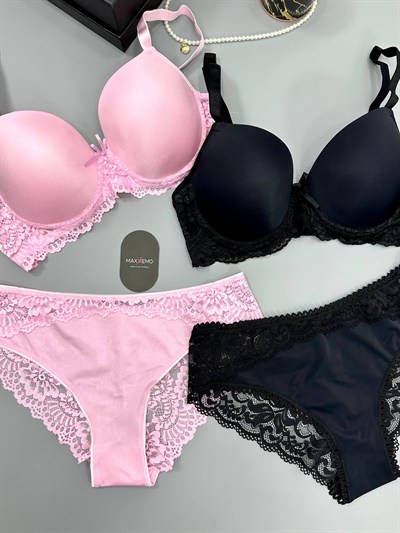 C-Cup Dolgusuz & Destekli Siyah + Pembe Sütyen Set