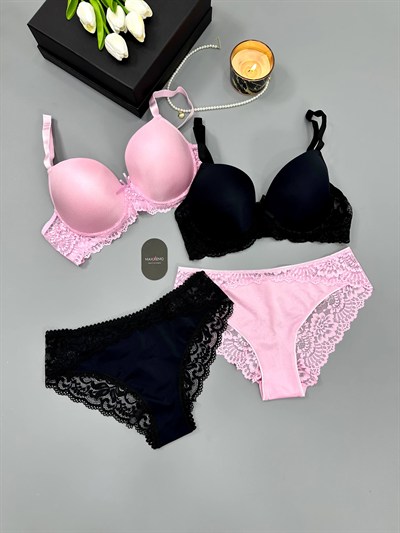 C-Cup Dolgusuz & Destekli Siyah + Pembe Sütyen Set