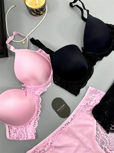 C-Cup Dolgusuz & Destekli Siyah + Pembe Sütyen Set