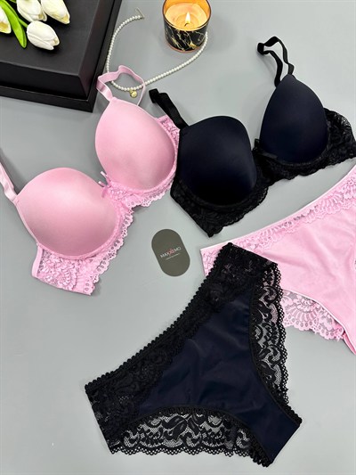 C-Cup Dolgusuz & Destekli Siyah + Pembe Sütyen Set