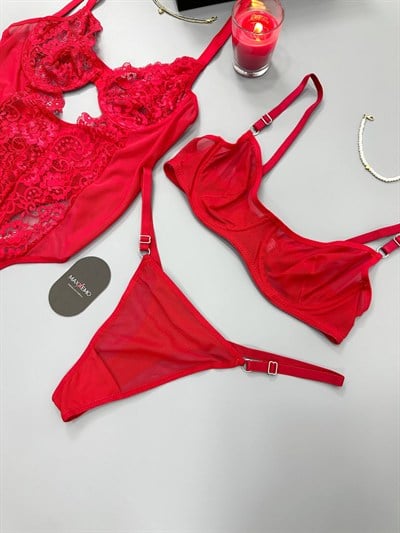 Kırmızı Bodysuit + Sütyen Takım