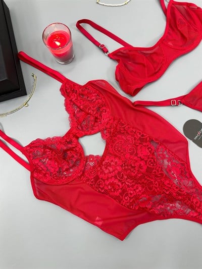 Kırmızı Bodysuit + Sütyen Takım