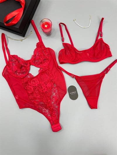 Kırmızı Bodysuit + Sütyen Takım