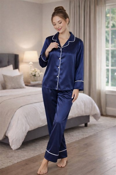 Lacivert İpek Saten Pijama Takımı