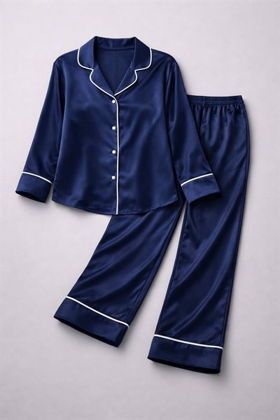 Lacivert İpek Saten Pijama Takımı