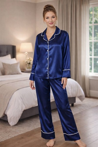 Lacivert İpek Saten Pijama Takımı