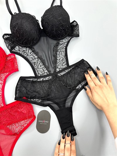 Nova Serisi Destekli Siyah & Kırmızı BodySuit 2li Set