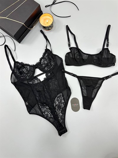 Siyah Bodysuit + Sütyen Takım