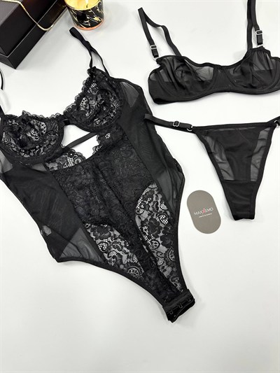 Siyah Bodysuit + Sütyen Takım