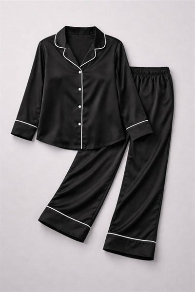 Siyah İpek Saten Pijama Takımı