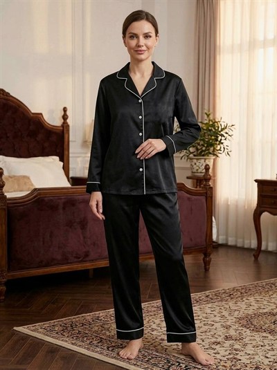 Siyah İpek Saten Pijama Takımı
