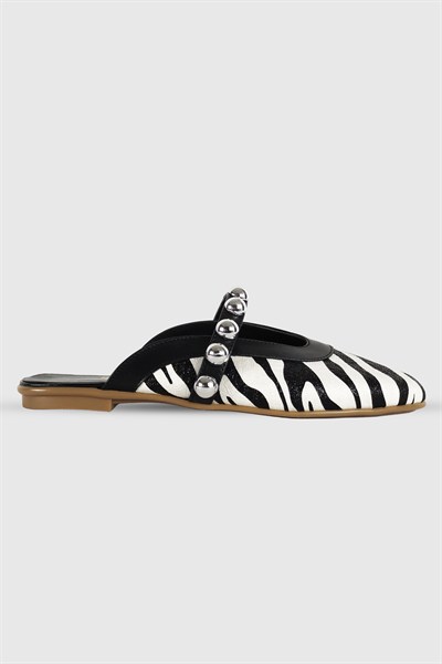Annie Zebra Mat Troklu Kemer Detay Yuvarlak Burun Kadın Terlik