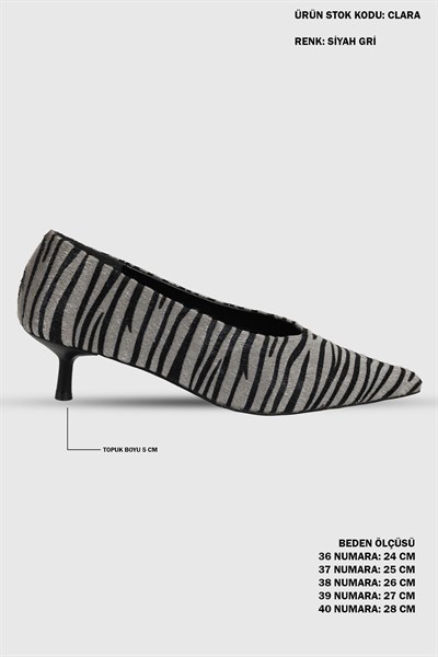 Clara Siyah Gri Desenli Sivri Burun Kadın Stiletto