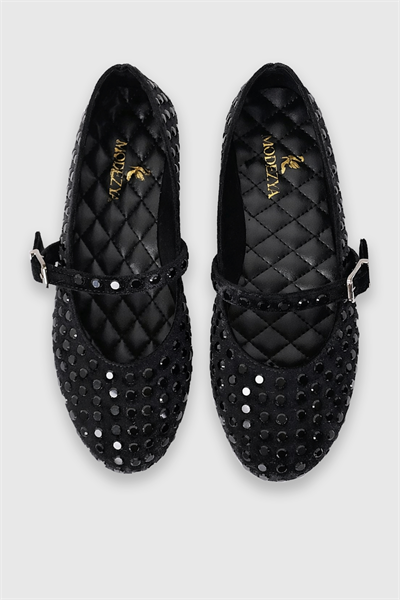 Elise Siyah Kadife Siyah Taşlı Kemer Detay Oval Burun Kadın Babet