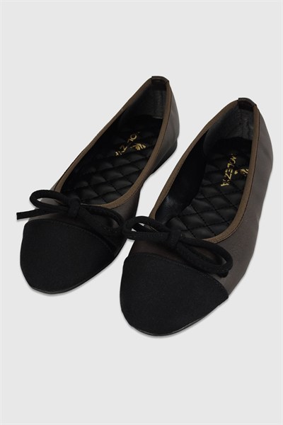 Kahve Mat Siyah Saten Fiyonk Detay Oval Burun Kadın Ayakkabı