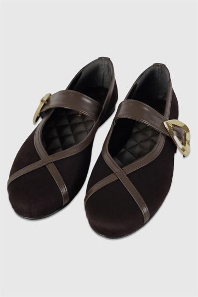 Kahve Süet Kalp Toka Detay Yuvarlak Burun Babet