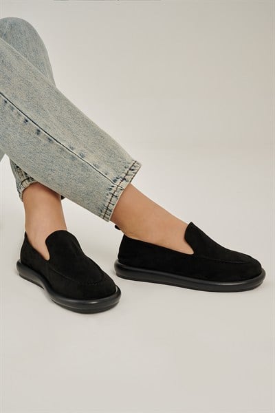 Perla Siyah Süet Düz Taban Kadın Loafer