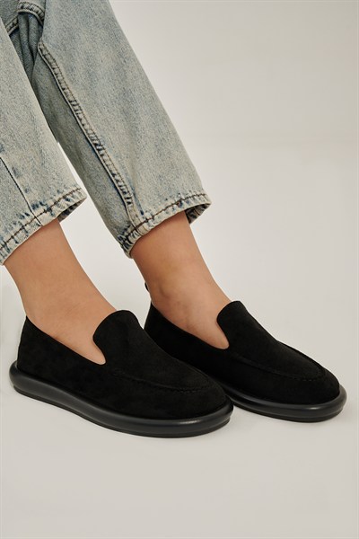 Perla Siyah Süet Düz Taban Kadın Loafer