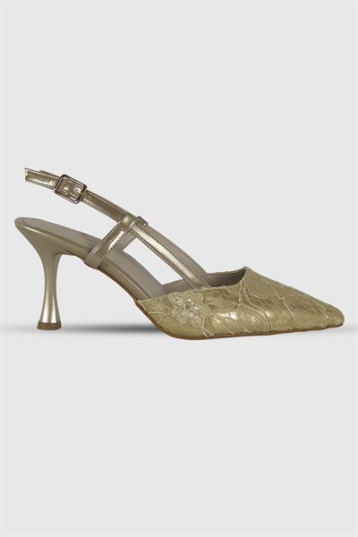 Yolanda Altın Desenli Kemerli Sivri Burun Kadın Topuklu Ayakkabı