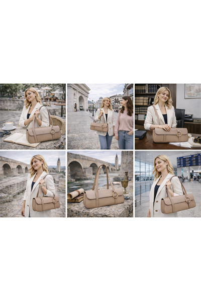 Bej Gold Halka Detaylı Kadın Omuz Çantası | Bej T8314
