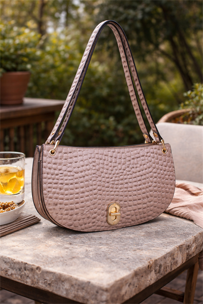 Bej Kroko Desenli Gold Kilit Detaylı Kadın Omuz Çantası | Bej T8324 