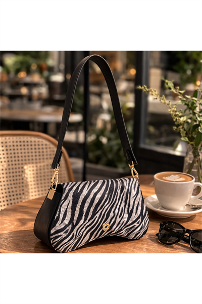 Gri Altın Tokalı Zebra Desenli Kadın Omuz Çantası | Gri MT1606 