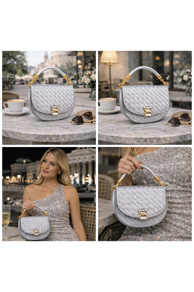 Gümüş Örgü Desenli Kadın Mini El Çantası | Gümüş MT1536