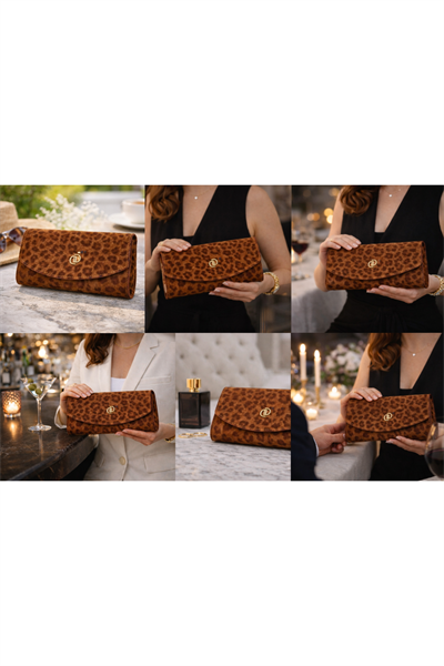 Kahverengi Leopar Desenli Gold Logolu Kadın Portföy Çanta | Kahverengi T8309