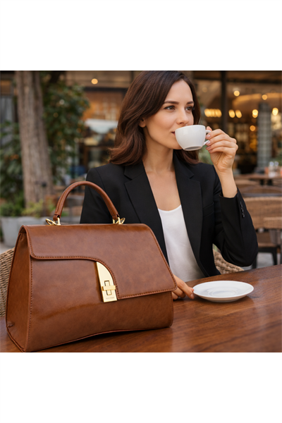 Kahverengi Modern Formlu Gold Detaylı Kadın El Çantası | Kahverengi T8304