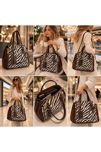 Kahverengi Zebra Desenli Kadın Omuz Çantası | Kahverengi T8347