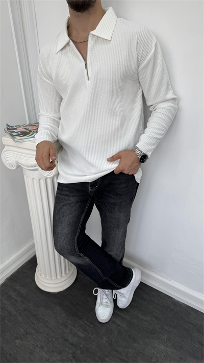 Fitilli Yarım Fermuarlı Sweatshirt Beyaz