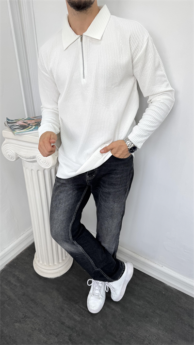 Fitilli Yarım Fermuarlı Sweatshirt Beyaz