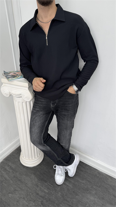 Fitilli Yarım Fermuarlı Sweatshirt Siyah