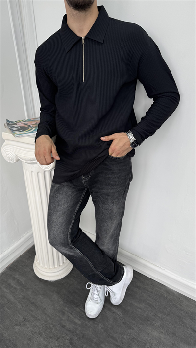 Fitilli Yarım Fermuarlı Sweatshirt Siyah