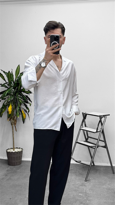 MR Çizgili Oversize Gömlek Beyaz