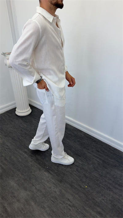 Oversize Gömlekli Keten Takım Beyaz